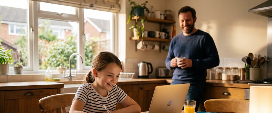 A kitchen table in the afternoon. A child works at an open laptop with a pencil, a notebook and schoolbooks beside them; a parent stands a little way back with a mug, watching rather than helping.