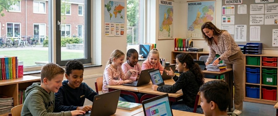 A primary classroom with maps and spelling charts on the wall. Pupils work at laptops in small groups, some talking to each other; a teacher leans over one table with a stack of papers.
